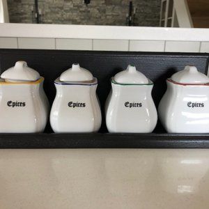 Four (4) small white porcelain spice jars with lids and custom made wooden shelf